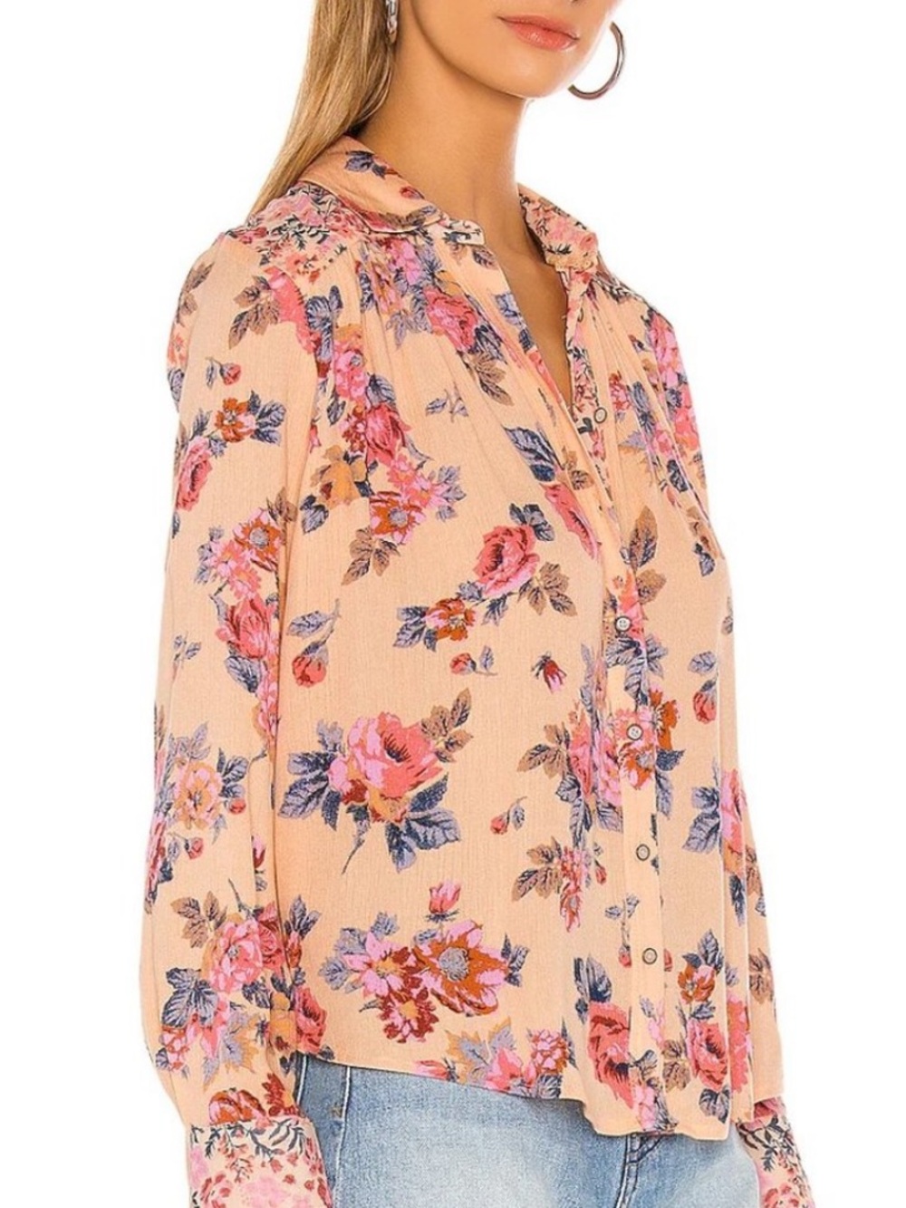 Free People Hold Onto Me Floral Button Down Top Coral Combo Size Small - Picture 10 of 11
